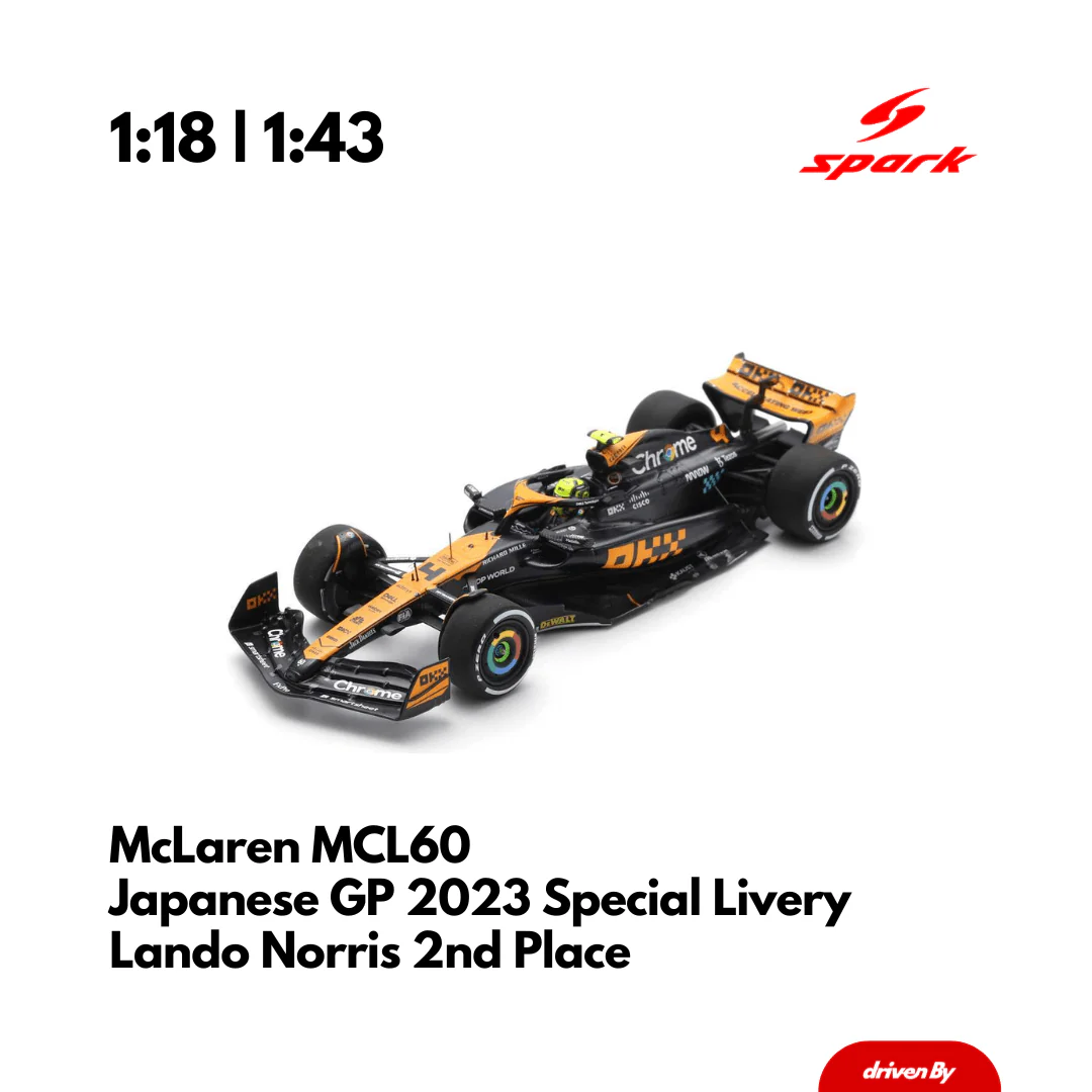 McLaren MCL60 | Stealth ModeLivery Japanese GP 2023 Model Car Lando Norris 2nd & Oscar Piastri 3rd - Spark Model - Image 3