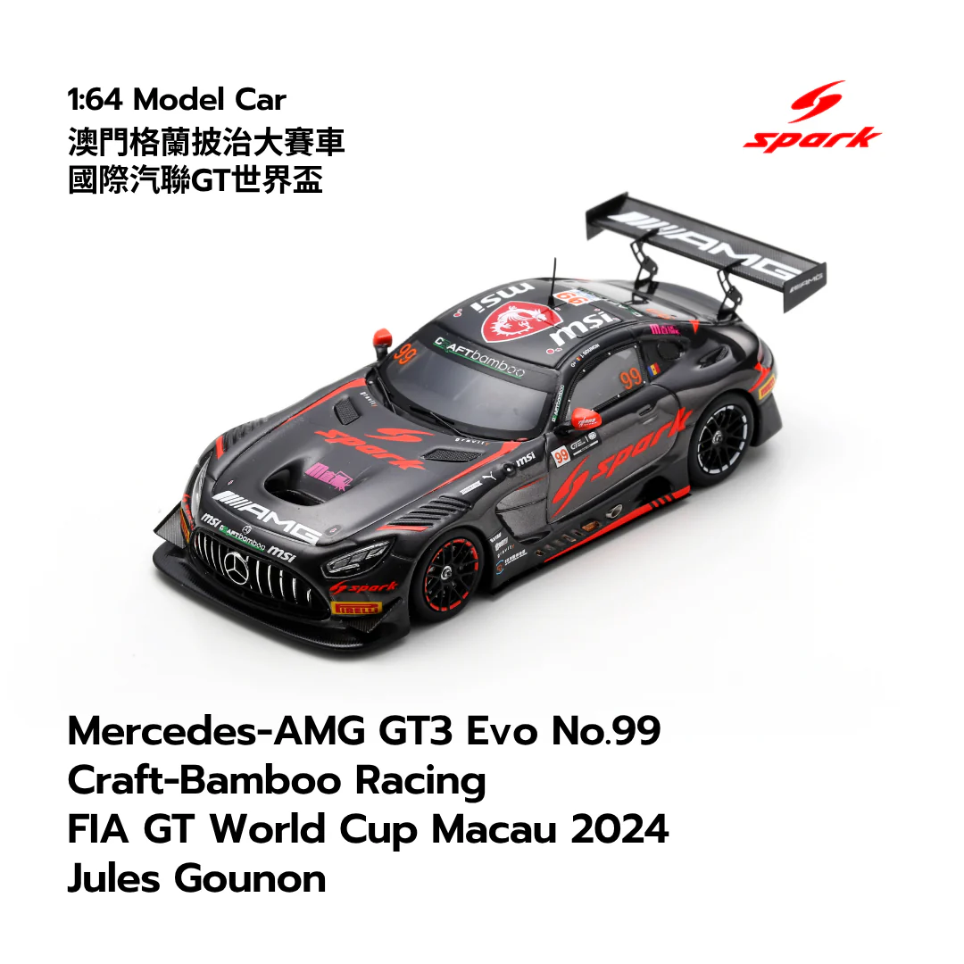 Mercedes-AMG GT3 Evo No.99 Craft-Bamboo Racing FIA GT World Cup Macau 2024 Jules Gounon- 1:64 Spark Model Car - Image 4