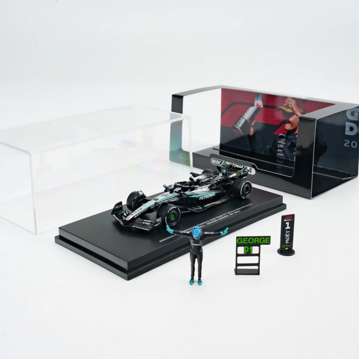 Scale 1:64 George Russell Winner Canada GP 2025 Mercedes W16 With T Pose Figurine & Pitboards- 1:64 Minichamps Model Car